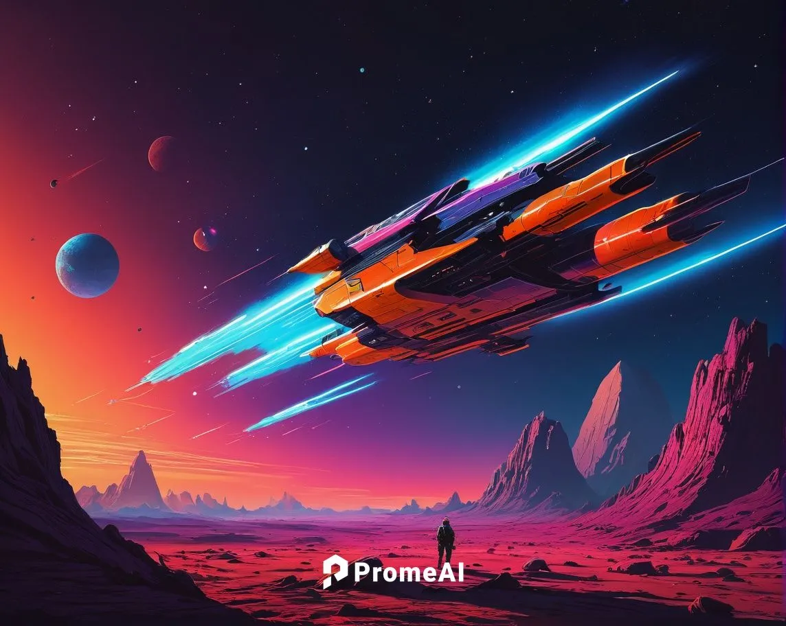 Una batalla aeroespacial. Los colores son anaranjados y azules. Estilo de dibujo Retro Sci-Fi. Estilo de dibujo Synthwave.,extrasolar,space ships,space art,homeworld,gradius,starships,parsec,futuristi