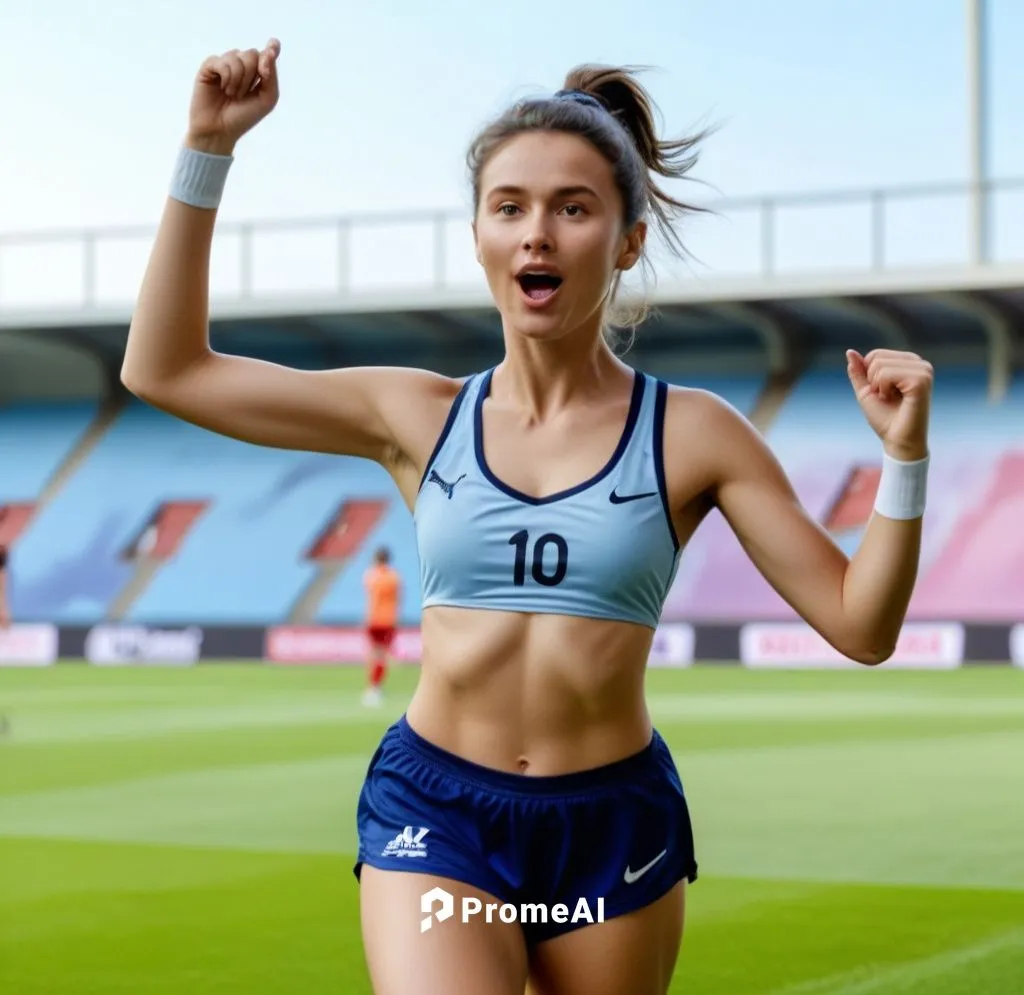 Same person wearing bra  soccer socks, soccer shorts, cleats to matchday. She celebrates a goal by running down the field holding her  jersey in her hand while wearing a bra. she is holding her soccer