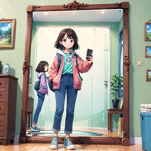 mirror frame,child's frame,holding a frame,framed,clover frame,magic mirror,Anime,Anime,Traditional