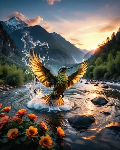 fantasy picture,bird in flight,the spirit of the mountains,nature bird,butterfly swimming,gryphon,bird in bath,photo manipulation,fantasy art,bird bath,hummingbirds,feather on water,majestic nature,wi