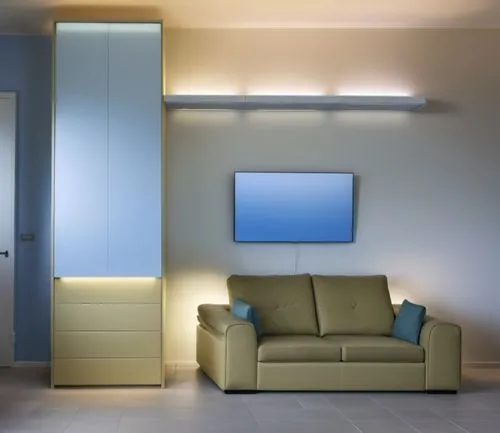 a large shelf above the sofa lights up with its large LED in a modern and warm style, the welcoming and soft sofa matches the rest of the house perfectly and the wardrobe next to it has a very well-ma