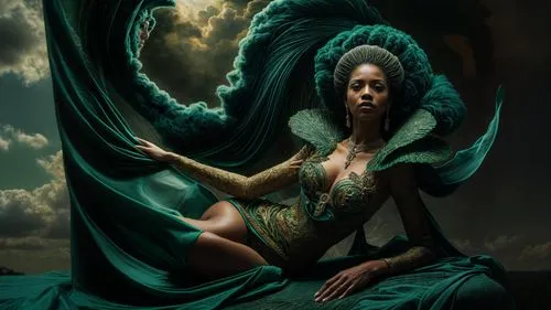 fantasy portrait,dryad,fantasy art,sorceress,the enchantress,malachite,faery,fantasy woman,faerie,celtic queen,priestess,queen of the night,fantasy picture,fairy queen,baroque angel,emerald,merfolk,green mermaid scale,mother earth,siren