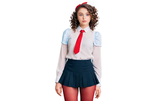 Anime girl, colorful hair clips, curly brown hair, bright blue eyes, rosy cheeks, gentle smile, white blouse, red tie, pleated skirt, black stockings, brown shoes, leaning forward, sweet expression, w