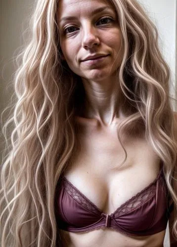 Pale Northern European woman aged about 27 with long wavy blonde hair and two moles on her neck and chin. She wears an underwired whie soft bra.,blonde woman,realdoll,female model,garanaalvisser,lentj