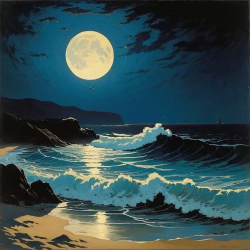 sea night,moonlit night,blue moon,lune,moonstruck,wyland,Art,Classical Oil Painting,Classical Oil Painting 14