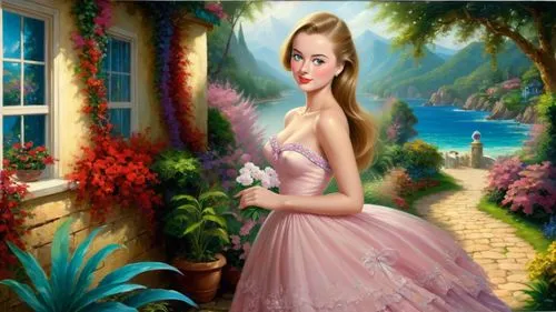 Romantic masterpiece oil painting, cute girl portrait, nostalgic 1950's style kitsch, vibrant seaside cottage landscape, lush tropical paradise, summer beach scenery, by Thomas Kinkade, by Bob Ross,fa