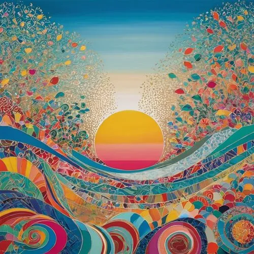 sun,sun and sea,sea beach-marigold,shirakami-sanchi,layer of the sun,colorful water,boho art,sunburst background,aura,oasis,coral swirl,3-fold sun,coast sunset,agua de valencia,colorful spiral,sea landscape,rising sun,ocean paradise,sol,colorful background,Illustration,Abstract Fantasy,Abstract Fantasy 08