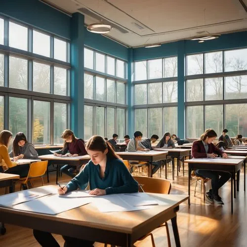 Modern university campus, national aptitude test in architecture, students sitting at desks, pencils and papers scattered, architectural models and blueprints on tables, natural light pouring in throu