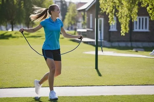 Clip, skipping rope, happy expression, ponytail, blue sportswear, white sneakers, youthful energetic atmosphere, outdoor playground, green grass, sunny day, warm lighting, shallow depth of field, dyna