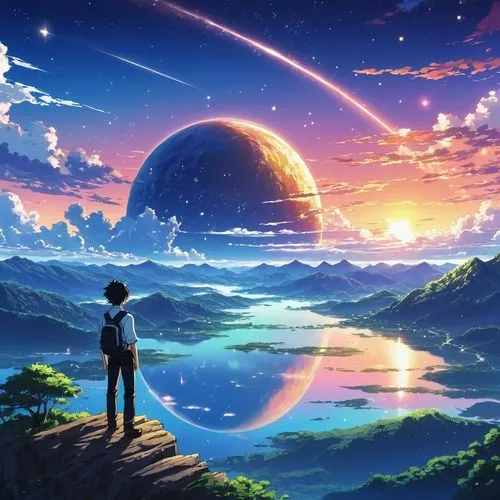 dream world,horizons,earth rise,dreamscape,little world,planetaria,beautiful wallpaper,horizon,earthlike,other world,the horizon,landscape background,planet,earth,moon and star background,futuristic landscape,kawamori,ghibli,the earth,worldspace,Illustration,Japanese style,Japanese Style 05