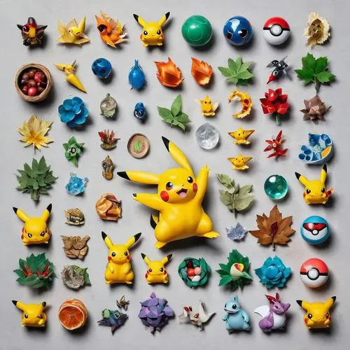 pokemon,game pieces,pokémon,starters,pixaba,rubber ducks,emoji balloons,colored pins,collected game assets,animal icons,food icons,pikachu,assortment,game characters,fairy tale icons,crown icons,figurines,plush figures,fruits icons,animal balloons,Unique,Design,Knolling