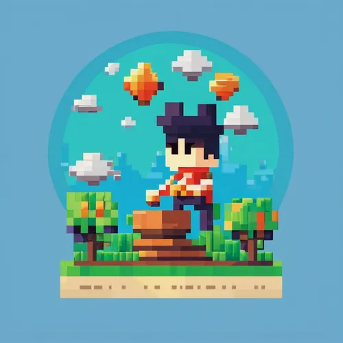 Design an upscale banner with a touch of refinement.,chimney sweep,pixel art,cloud mushroom,goku,mushroom island,chimney sweeper,rain barrel,wooden mockup,game illustration,game character,pixels,mushr