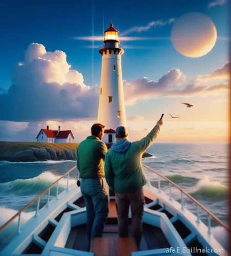 Two fishermen on the fishing ship's deck, one of them point at the lighthouse in the distance, the lighthouse is shinning,two people looking at the sea next to a lighthouse,lighthouses,lightkeepers,sp