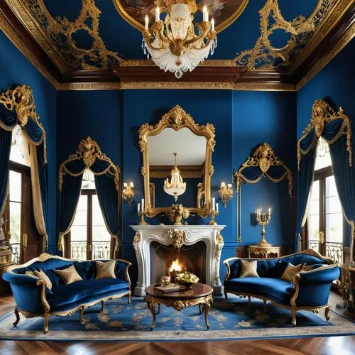 blue room,ornate room,royal interior,royal blue,ritzau,rococo,Photography,General,Realistic