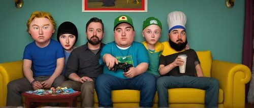 Cartman, Kyle, Stan, Kenny, Butters, South Park style, cartoonish, humorous, casual clothing, jeans, t-shirts, sneakers, messy hair, accessories like hats and sunglasses, relaxed posture, sitting on a