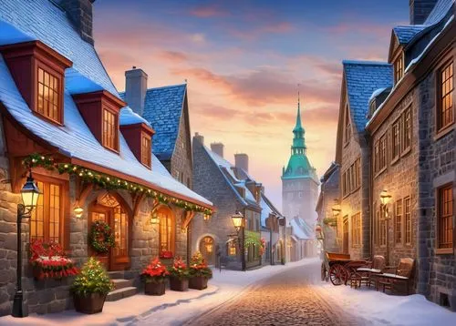 hogsmeade,winter village,medieval street,santa's village,medieval town,townscapes,tremblant,quebec,christmas landscape,alpine village,winterplace,christmas town,christmas snowy background,the cobbled streets,mountain village,bruges,snow landscape,korean village snow,wernigerode,snowy landscape,Illustration,Realistic Fantasy,Realistic Fantasy 01