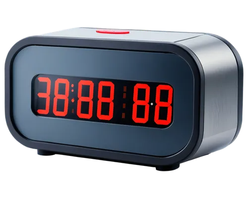 Modern alarm clock, digital display, bright red numbers, loudspeaker, metallic body, rounded edges, silver color, morning light, close-up shot, shallow depth of field, high contrast, warm tone.,a digi