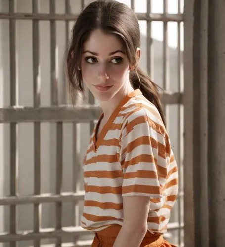 detention,horizontal stripes,burglary,stripes,clove,tiger lily,liberty cotton,striped,prisoner,olallieberry,striped background,mime,clementine,orange,bad girl,daisy 2,long-sleeved t-shirt,teen,pretty young woman,willow,Photography,Natural