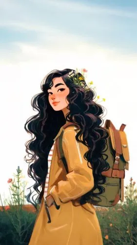 rosa ' amber cover,yellow jumpsuit,travel woman,yellow purse,autumn background,autumn theme,springtime background,rapunzel,digital painting,bunches of rowan,moana,fashion vector,vanessa (butterfly),yellow background,world digital painting,spring background,traveler,sprint woman,jasmine,rowan