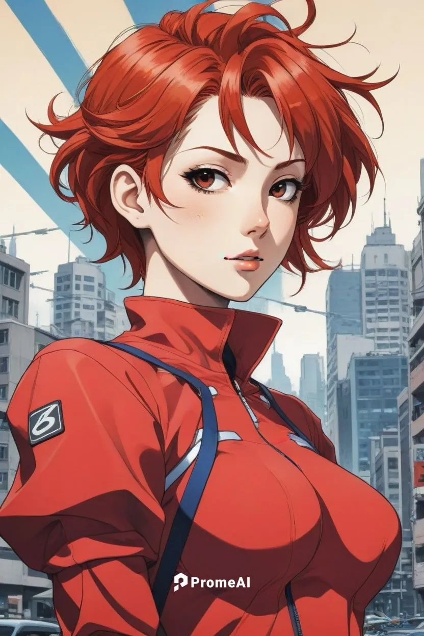 a anime girl with red hair standing in the middle of the road,naruko,haruko,asuka langley soryu,soejima,cinnabar,misato