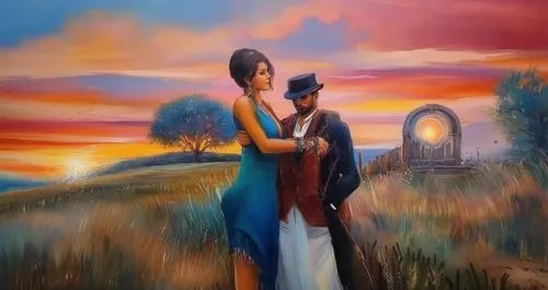 oil painting on canvas,romantic scene,loving couple sunrise,young couple,art painting,oil painting,church painting,indian art,landscape background,khokhloma painting,romantic portrait,shepherd romance