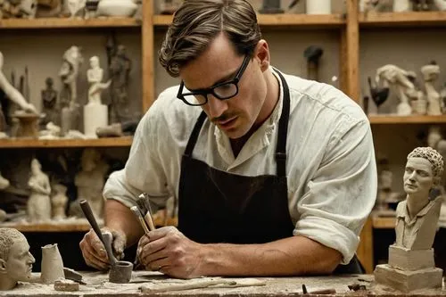 Statue maker, male artist, 30s, concentrated face, black-rimmed glasses, short brown hair, casual attire, white apron, clay-stained hands, holding modeling tool, standing, workshop, messy desk, variou