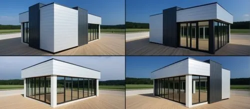 trade pavilion with 4 sides in the same style. White horizontal metal panels, large windows, dark gray frames, trim with vertical bars in light wood color.  The background is neutral gray.,a small bui