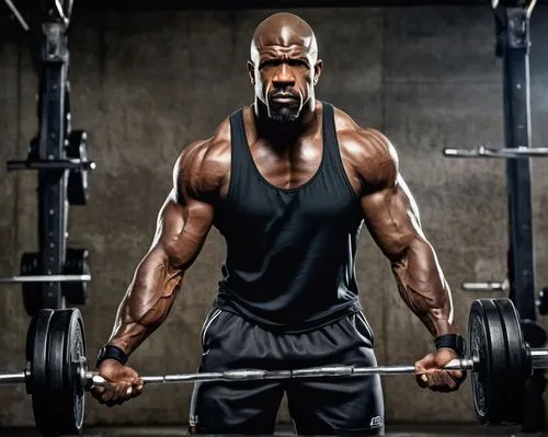 Terry Crews, muscular man, athletic physique, chiseled abs, intense gaze, shaved head, goatee, sweat drips down chest, tattoos on arms, black tank top, gym shorts, sneakers, weights in hand, intense w