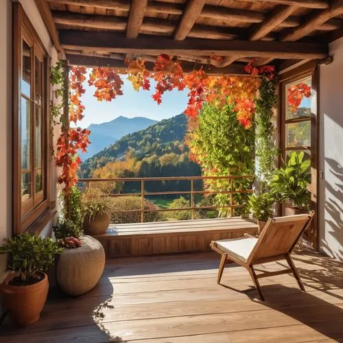 un interno rilassante, un angolo relax con legno e piante, dai colori caldi e accoglienti che evocano relax in un fine settimana d'autunno
,there is a large window that has flowers on it,autumn decora