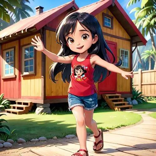 moana,honolulu,polynesian girl,aloha,azusa nakano k-on,chibi girl,himuto,maya,cute cartoon image,cute cartoon character,summer background,ashitaba,polynesian,holding a coconut,tahiti,nico,hula,luau,maimi fl,jean shorts,Anime,Anime,Cartoon