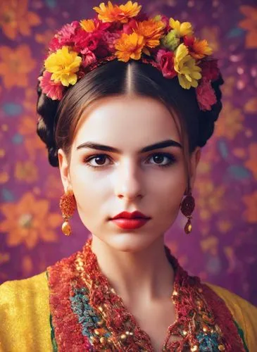 Portrait of Frida kahlo, bright and saturated colors, elegant, highly detailed, vogue, fashion magazine, sharp focus, Bright expressive makeup, Dramatic Lighting, Depth of field, Incredibly high detai