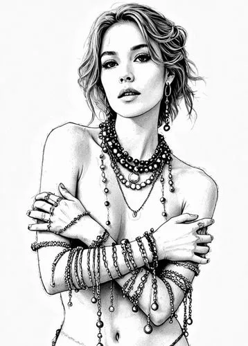 a woman wearing pearls and necklaces with her arms crossed,bloodrayne,rasputina,satine,spearritt,viveros,cattrall,tattoo girl,pearl necklace,triss,madonna,painted lady,lineart,callisto,margaery,line a