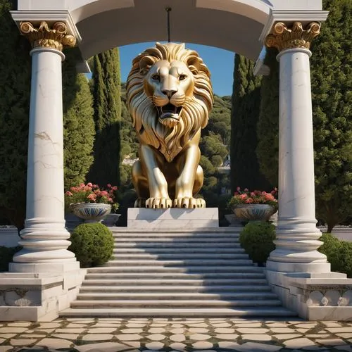 An image showcasing an epic and dramatic scene of Greek architecture. The centerpiece of this scene includes a marble gate, with water fountains situated on either side, each featuring a small figure 