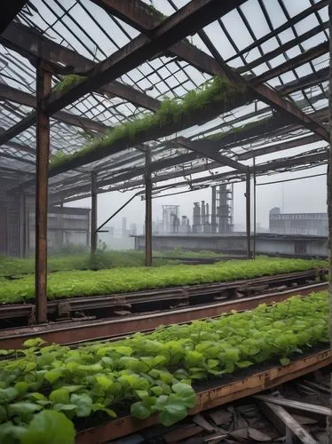 Abandoned industrial site, reclamation project, modern eco-friendly architecture, green roofs, solar panels, reclaimed wood, metal beams, urban renewal, city skyline, foggy morning, warm lighting, mis