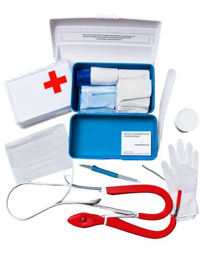 first aid, medical kit, opened box, various tools, bandages, gauze pads, antiseptic wipes, tweezers, scissors, thermometer, gloves, stethoscope, red cross symbol, white background, high contrast, shar