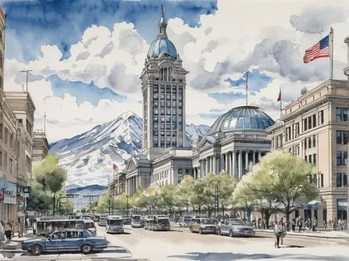 Modern architecture, Denver cityscape, skyscraper, glass facade, steel frame, urban landscape, city street, busy traffic, pedestrians walking, Colorado State Capitol building, historic landmark, Rocky