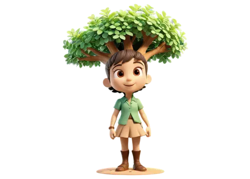 arrietty,girl with tree,dryad,3d model,nissa,agnes,tree mushroom,ficus,resprout,arborist,girl in a wreath,forest clover,saria,treemonisha,green tree,pokok,cute cartoon image,3d render,the girl next to the tree,3d rendered,Unique,3D,3D Character