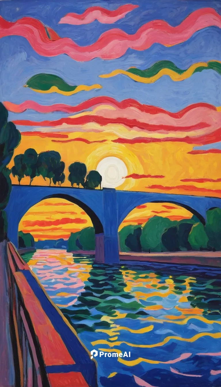 Describe a stunning sunset over the RWU bridge.,pont d'avignon,braque du bourbonnais,pont saint-bénézet,river landscape,braque francais,braque d'auvergne,rainbow bridge,viola bridge,pontsycyllte,braqu