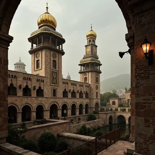 \Majestic Byzantine watching towers, ornate stone carvings, golden domes, intricate mosaics, grand arches, sturdy fortifications, medieval architecture, rustic brick textures, weathered copper accents