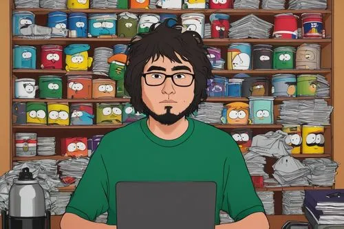 shopkeeper,jim's background,high fidelity,man with a computer,studio ghibli,vector art,vector illustration,apothecary,kojima,illustrator,animator,organization,furikake,storage-jar,librarian,adobe illustrator,the collector,computer freak,computer art,cartoon doctor,Illustration,Black and White,Black and White 16