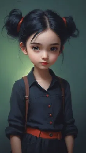 portrait of a young cute girl with black hair, ultra HD, 8K image,bjd,painter doll,japanese doll,female doll,the japanese doll,world digital painting,pucca,geisha girl,worried girl,digital painting,ha