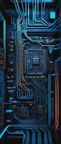 Technical illustration, digital drawing, futuristic background, blue circuit board, microchips, wires, CPU architecture, ARM processor, instruction sets, registers, ALU, bus interfaces, memory managem