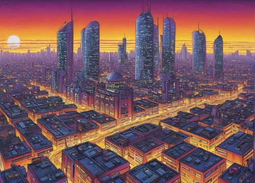 Incorporate the saffron color into a futuristic cityscape, with neon lights and sleek buildings.,cityscape,city in flames,city cities,metropolis,cyberpunk,skyscrapers,city skyline,evening city,cities,