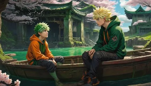 anime boy,Deku,Bakugou,my hero academia,boat,river,Conceptual Art,Fantasy,Fantasy 13