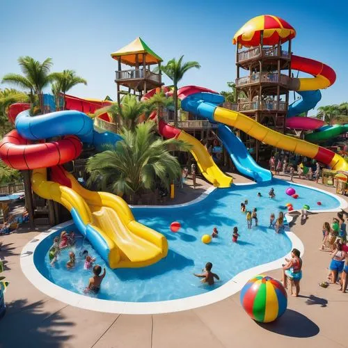 Summer liminal waterpark, vibrant tropical plants, colorful beach balls, inflatable slides, lazy river, wave pool, thrilling water rides, sunny sky with few white clouds, bright blue waters, lifeguard