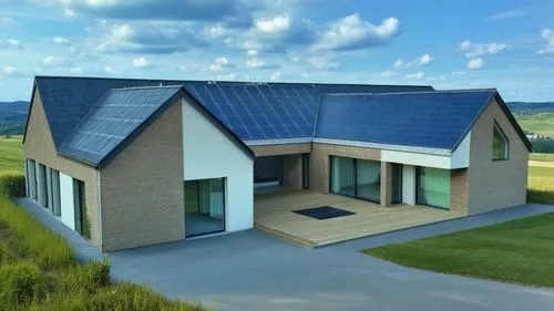 modern-barn style, wooden terrace, keep colors section as is, surrounded with green fields of grass, no road at front, in the back hills of southern poland, sunny sky with few clouds, 
,eco-constructi