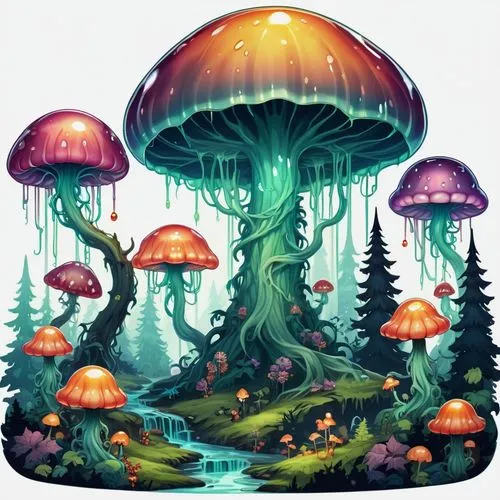 mushroom landscape,mushroom island,tree mushroom,forest mushroom,mushrooms,forest mushrooms,Illustration,Abstract Fantasy,Abstract Fantasy 11