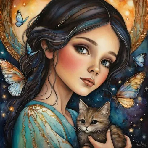 fantasy portrait,vanessa (butterfly),kitten,little girl fairy,faery,fantasy art,mystical portrait of a girl,faerie,romantic portrait,angel,cinderella,child fairy,fantasy picture,kittens,calico cat,boho art,aurora butterfly,julia butterfly,fae,children's fairy tale,Conceptual Art,Daily,Daily 34