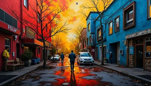 city in flames,old linden alley,alley,world digital painting,laneways,sidestreet,fitzroy,alleyway,fire background,jasinski,alleyways,art painting,colorful city,alleys,birch alley,gastown,the street,city scape,street scene,glass painting