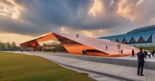 COPPER THEME, COPPER FACADE, 4K ULTRA REALISTIC,futuristic art museum,corten steel,tempodrom,qlizabeth olympic park,futuristic architecture,artscience museum,performing arts center,soumaya museum,merc